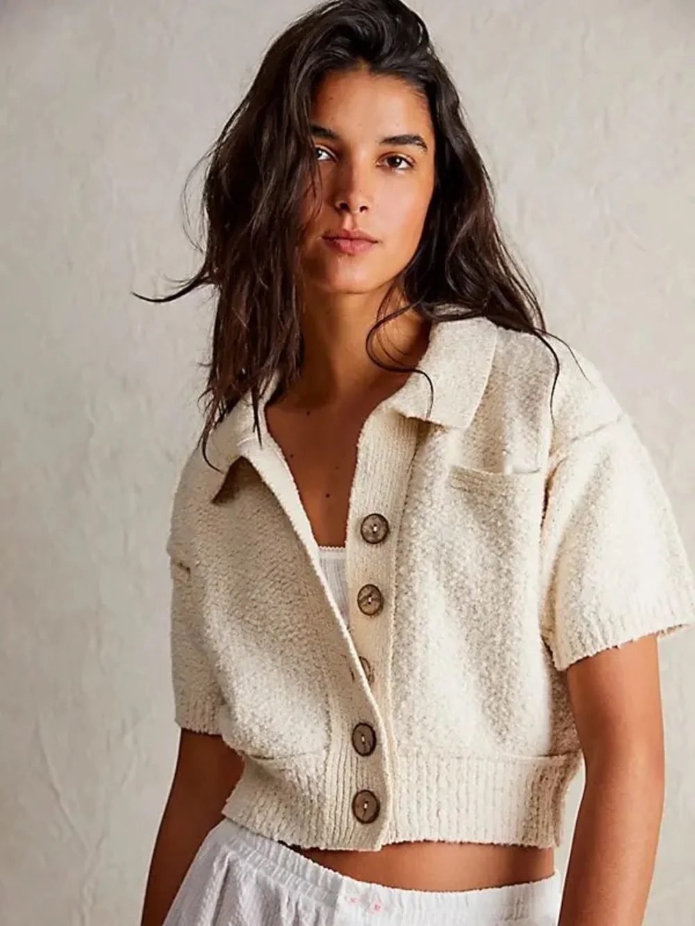 Free People We The Free Molli Sweater Shirt Medium Ivory Short Sleeve Button Up